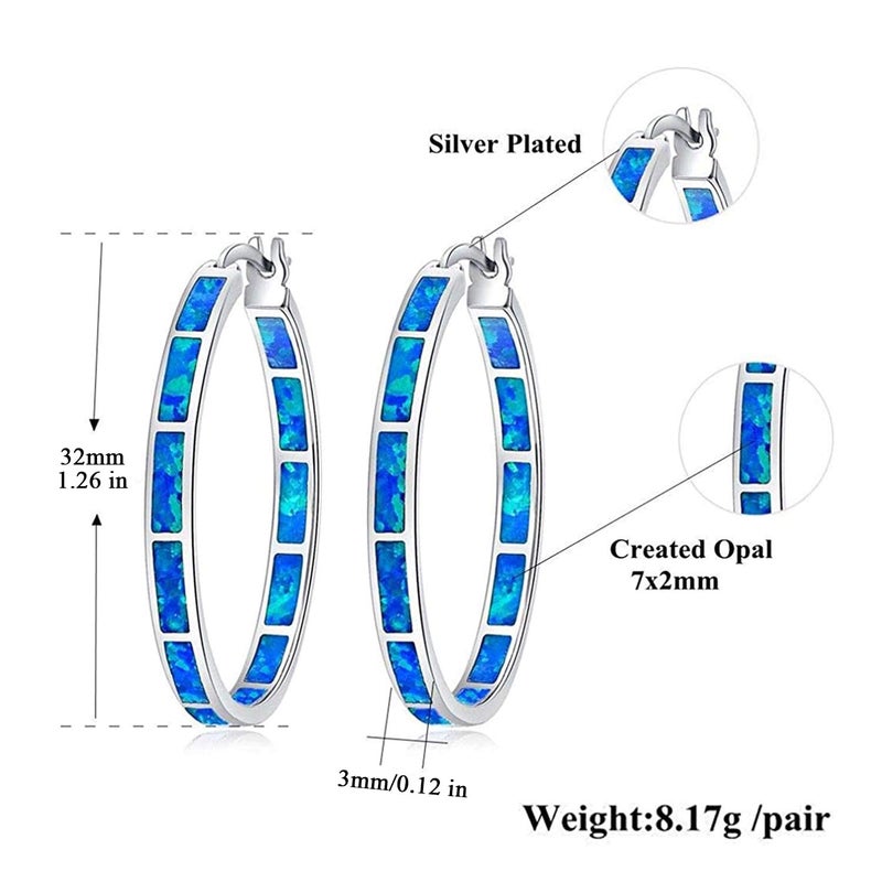 CiNily Blue Opal Hoop Earrings for Women,Big Hoop Earrings Large Opal Jewelry Rhodium Plated Gemstone Earrings 32mm - Image 2